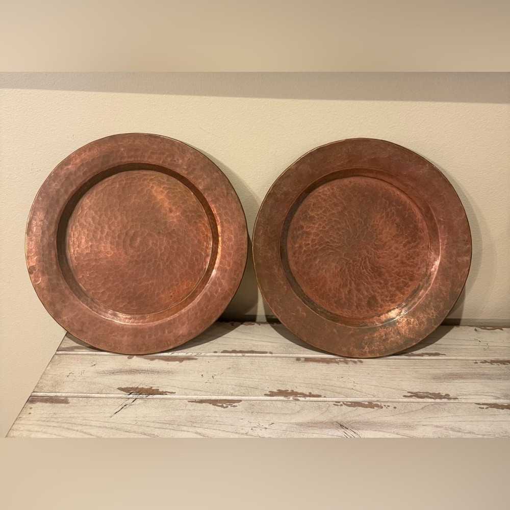 Vintage 1950s Hammered Copper Charger Plate Set Of 2